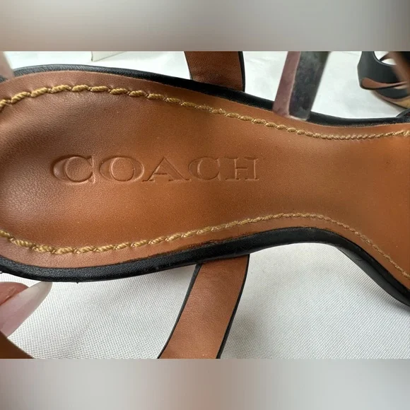 Coach Black Leather Block Heel Sandals with Silver Buckle - Picture 2 of 8